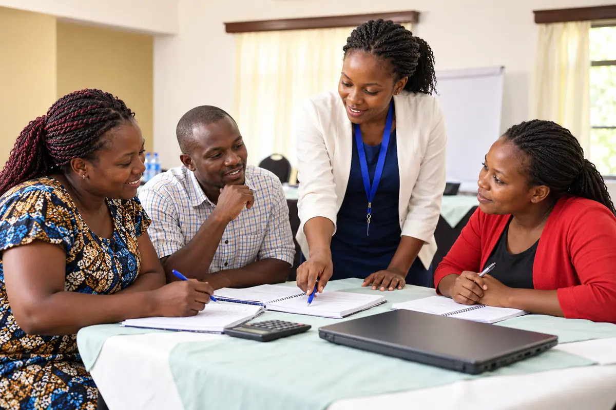 Jubilant facilitator coaching Kenyan micro-entrepreneurs during a business support session