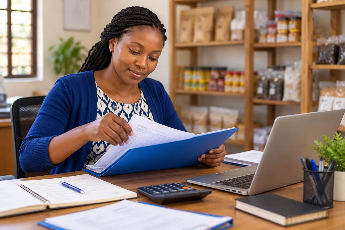 Kenyan entrepreneur organising business records before applying for financing