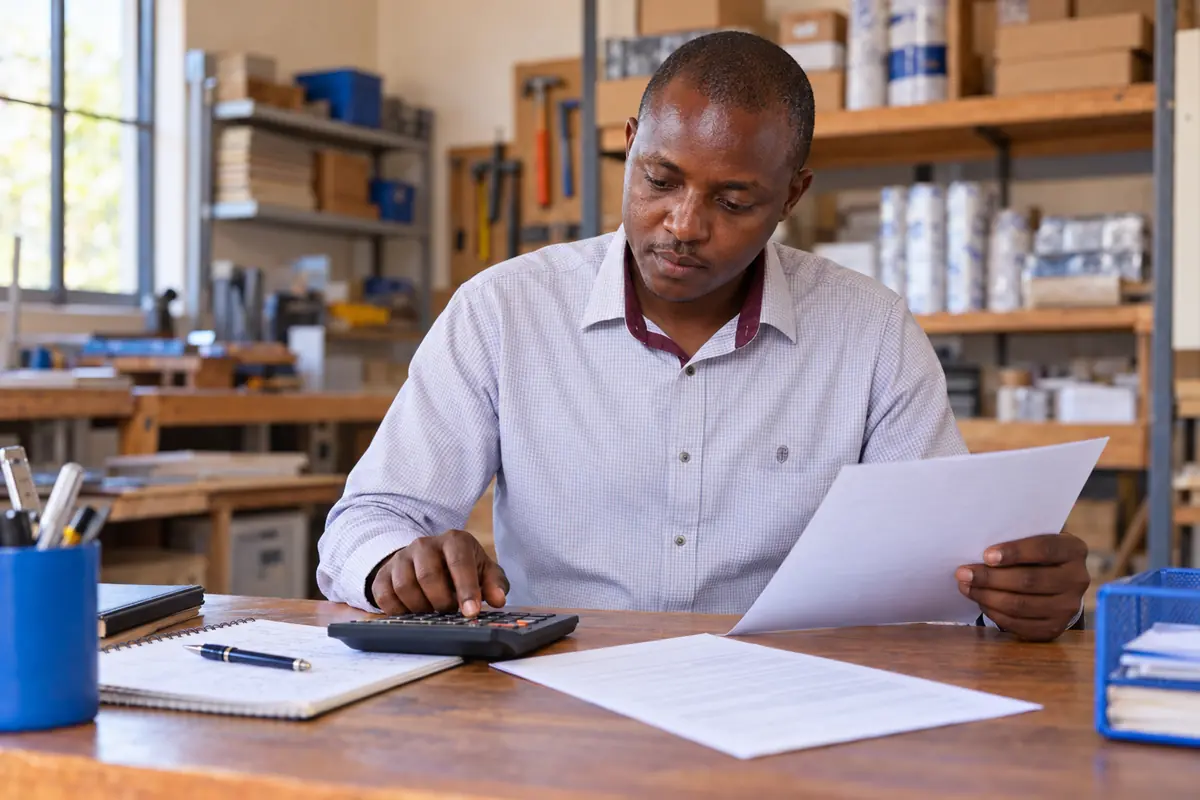 Kenyan business owner reviewing a budget and financing agreement before borrowing