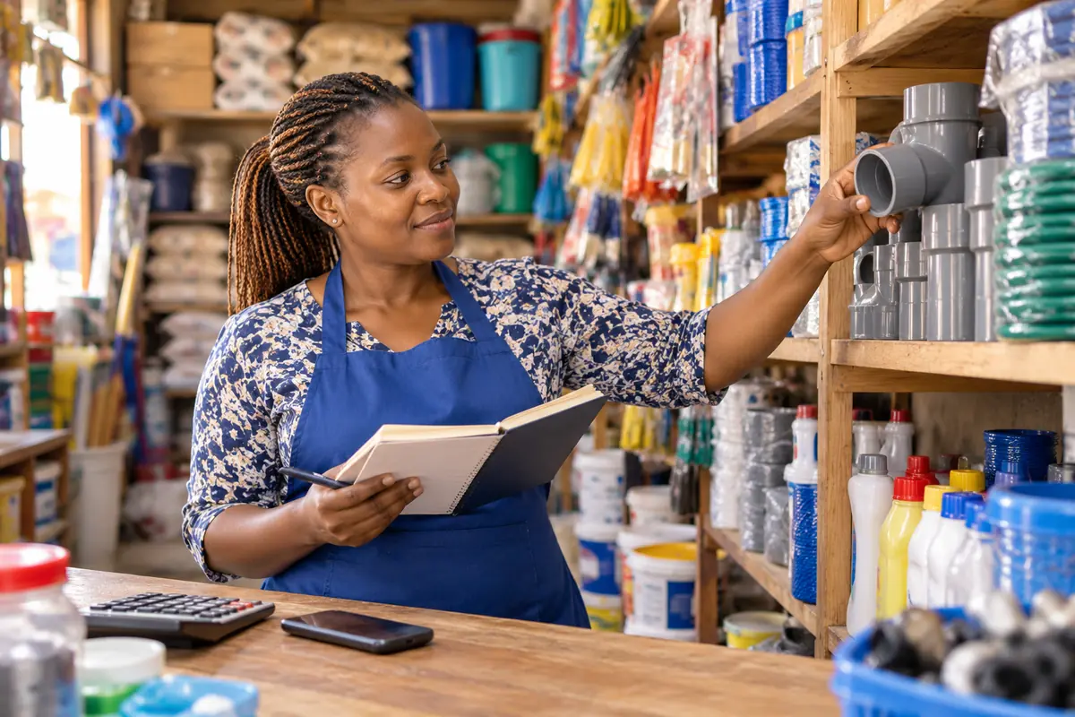 Kenyan small-business owner reviewing inventory and working-capital records