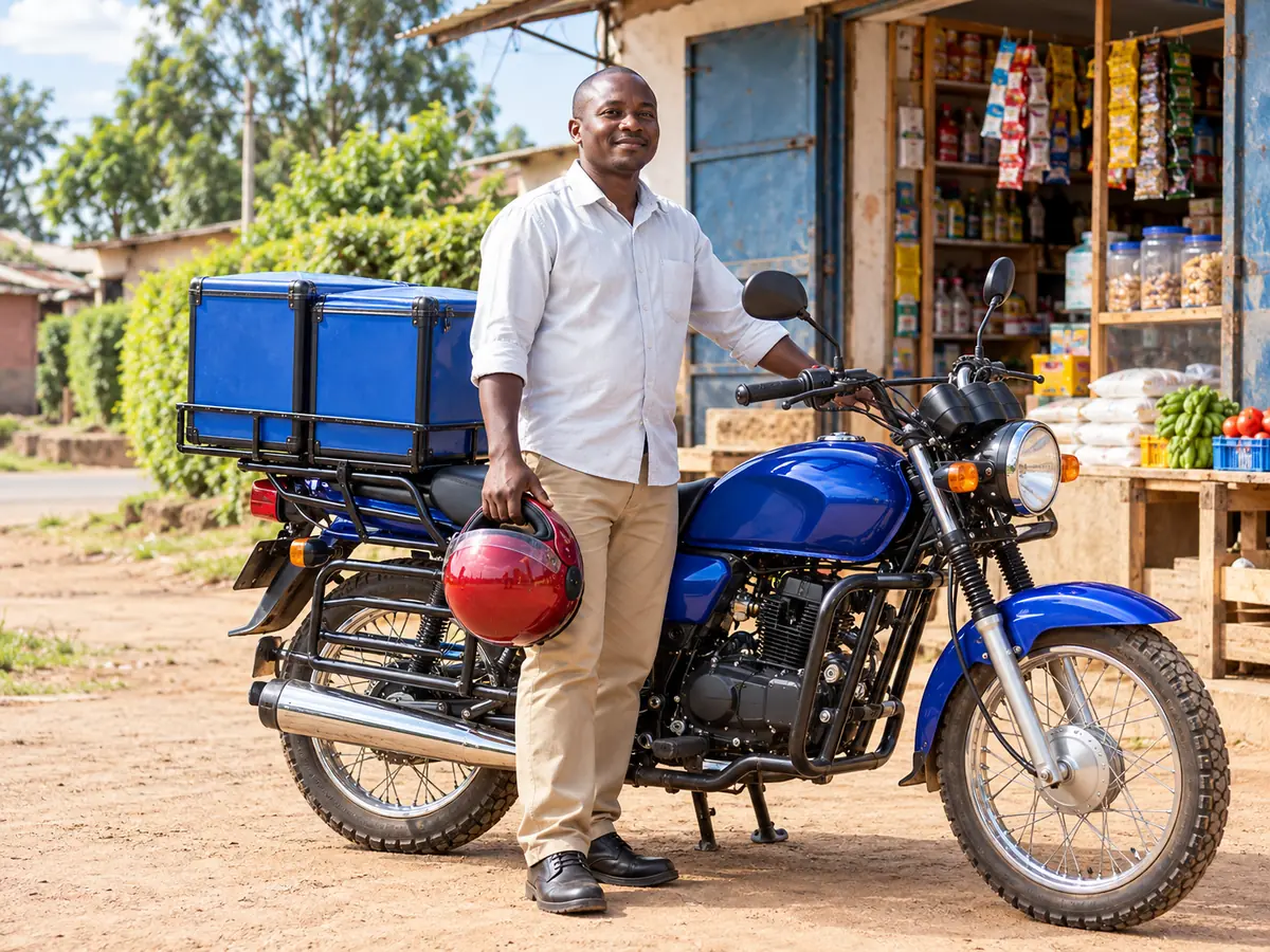Kenyan business owner with a delivery motorcycle financed as a productive asset