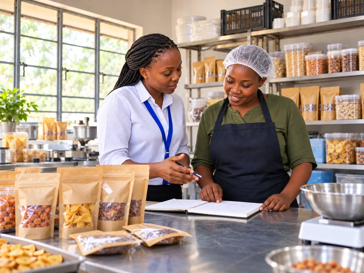 Jubilant adviser supporting a Kenyan food entrepreneur with business planning