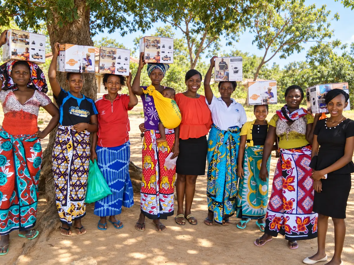Women displaying productive assets received through community financing support